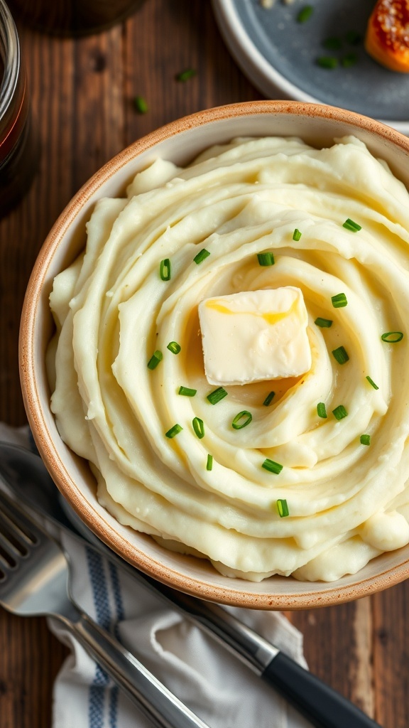 A bowl of creamy mashed potatoes with butter and chives on a rustic table.